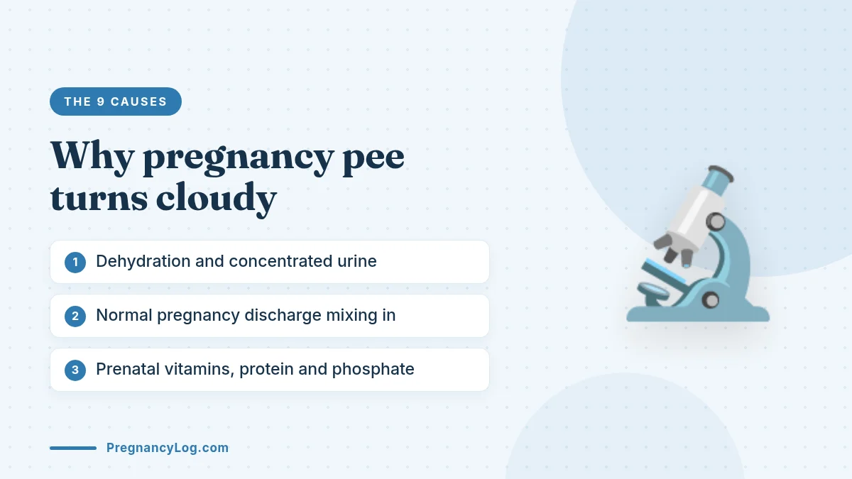 9 Common Causes of Cloudy Urine During Pregnancy Nine common causes of cloudy urine during pregnancy including dehydration and discharge