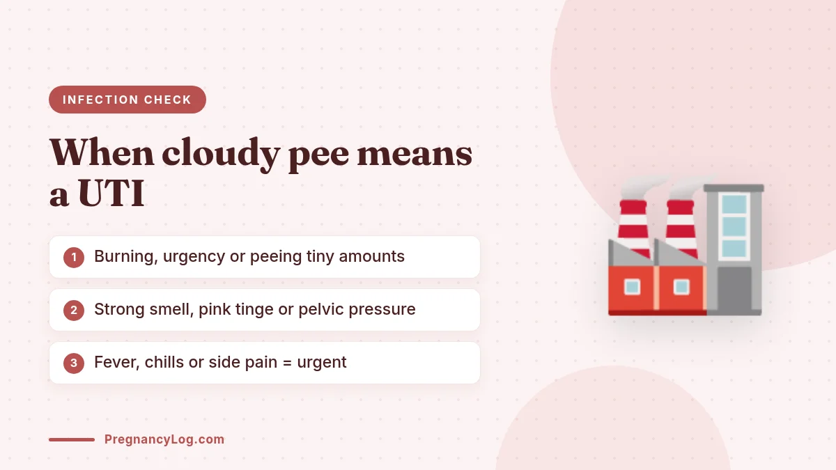 Cloudy Urine and UTIs in Pregnancy Signs a UTI is causing cloudy urine in pregnancy, including burning and urgency