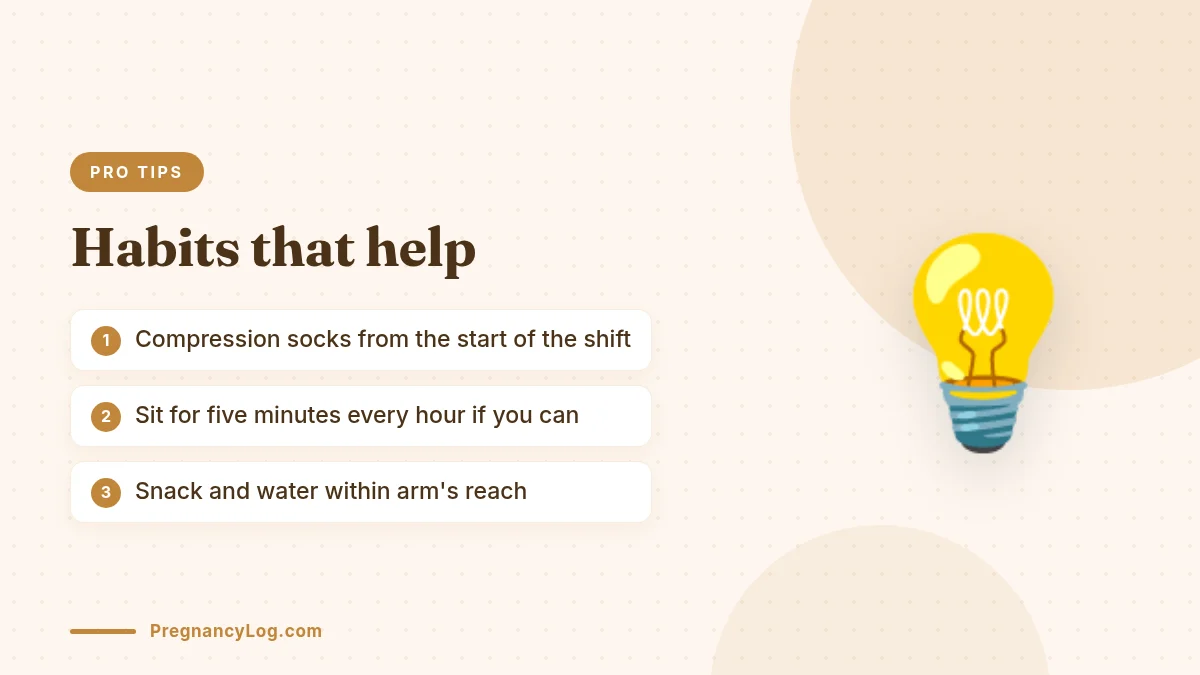 Shift Survival Tips Tips for pregnant healthcare workers wearing pregnancy scrubs pants on long shifts