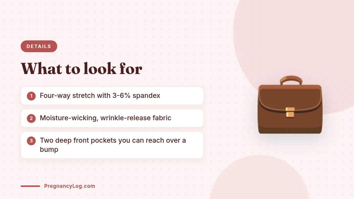 Features That Earn Their Keep Fabric and pocket features to look for in maternity scrub pants